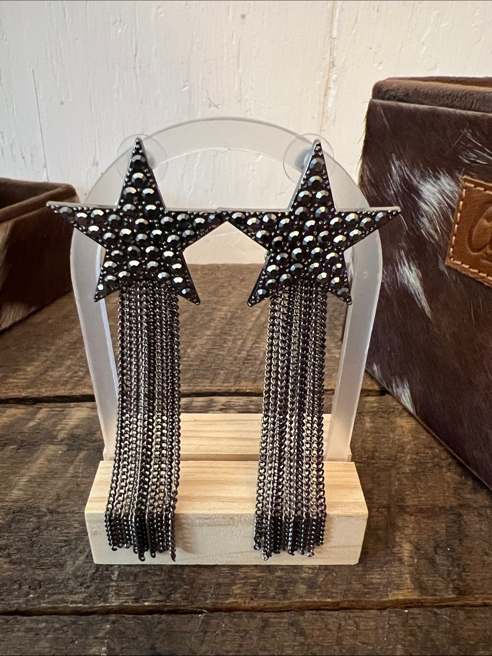 Star Crystal Fringe Drop Earrings - Black